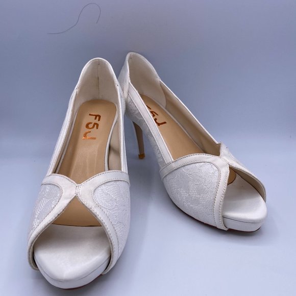 FSJ White Peep Toe Stilettos Heels Lace Wedding - Picture 1 of 9